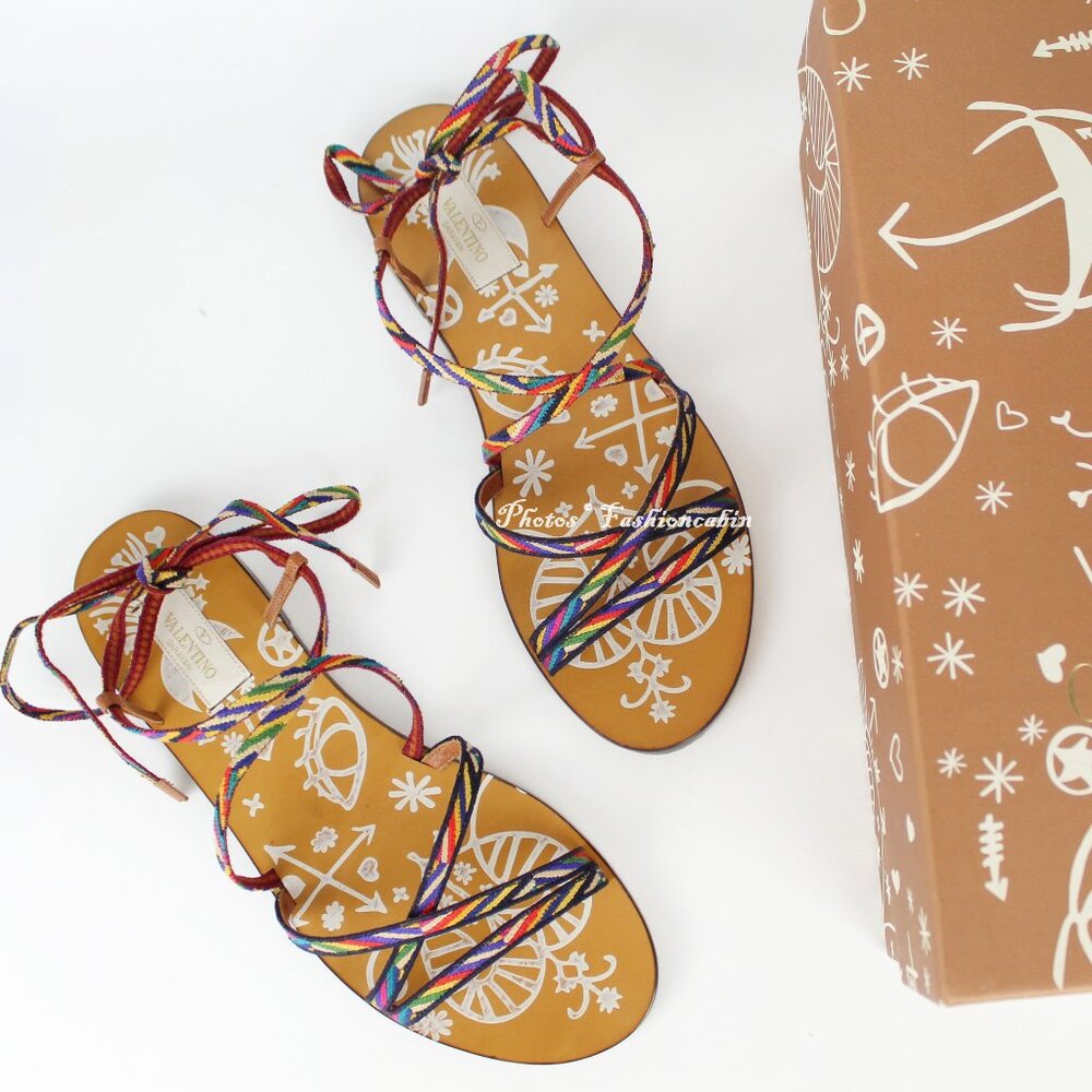 NEW VALENTINO Lace-Up Woven Flat Sandals, EU 39,Summer Boho Beach Vacation Style